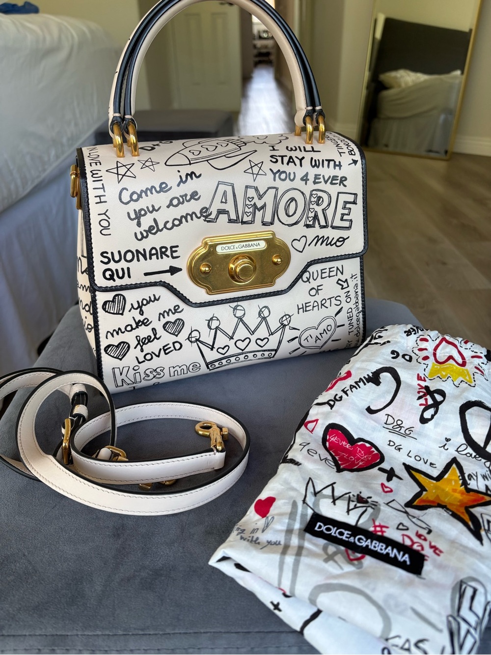 Dolce & Gabbana Cream 'Amore' Graffiti Top-Handle Satchel